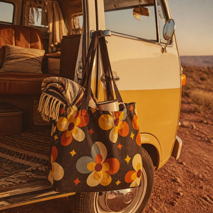 Cosmos Solara tote bag close-up, cosmic floral and star print on black