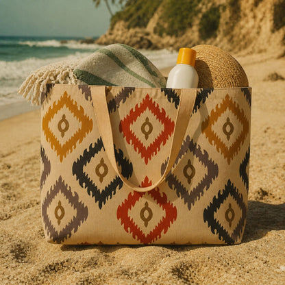 Bali tote bag on the beach with a blanket and sunscreen