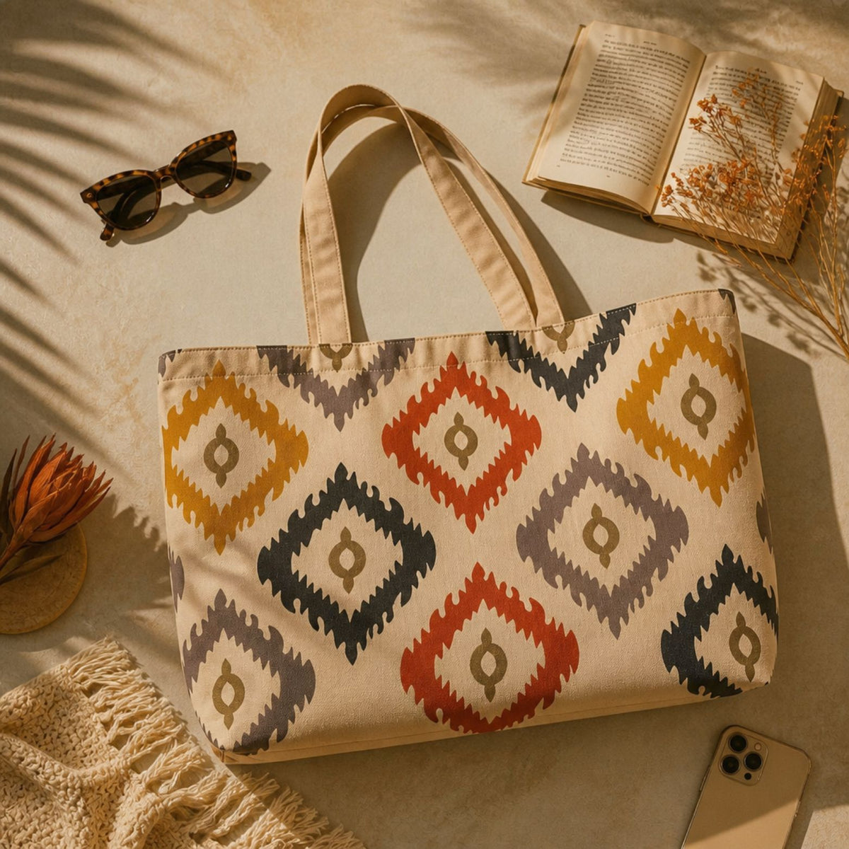 Bali ikat tote bag flat lay with sunglasses and an open book