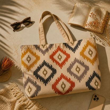 Bali ikat tote bag flat lay with sunglasses and an open book