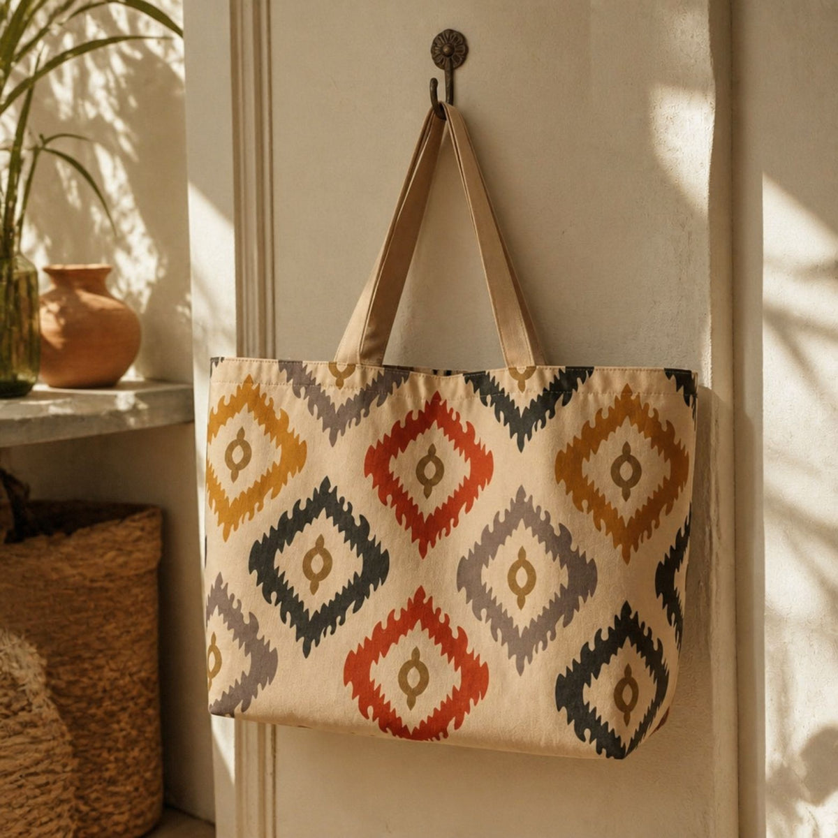 Bali tote bag hanging on a wall hook — cream ikat diamond print
