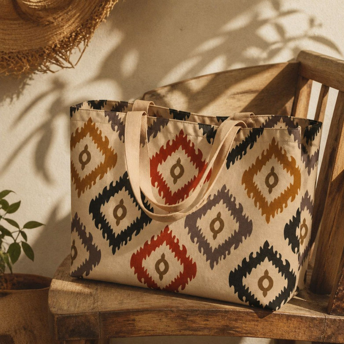 Bali tote bag resting on a wooden bench