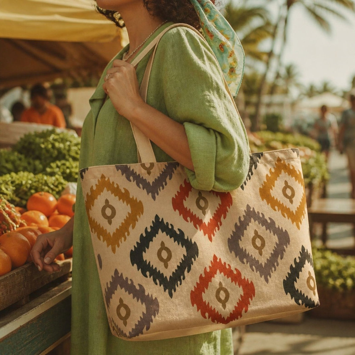 Bali ikat tote bag carried at the farmers market