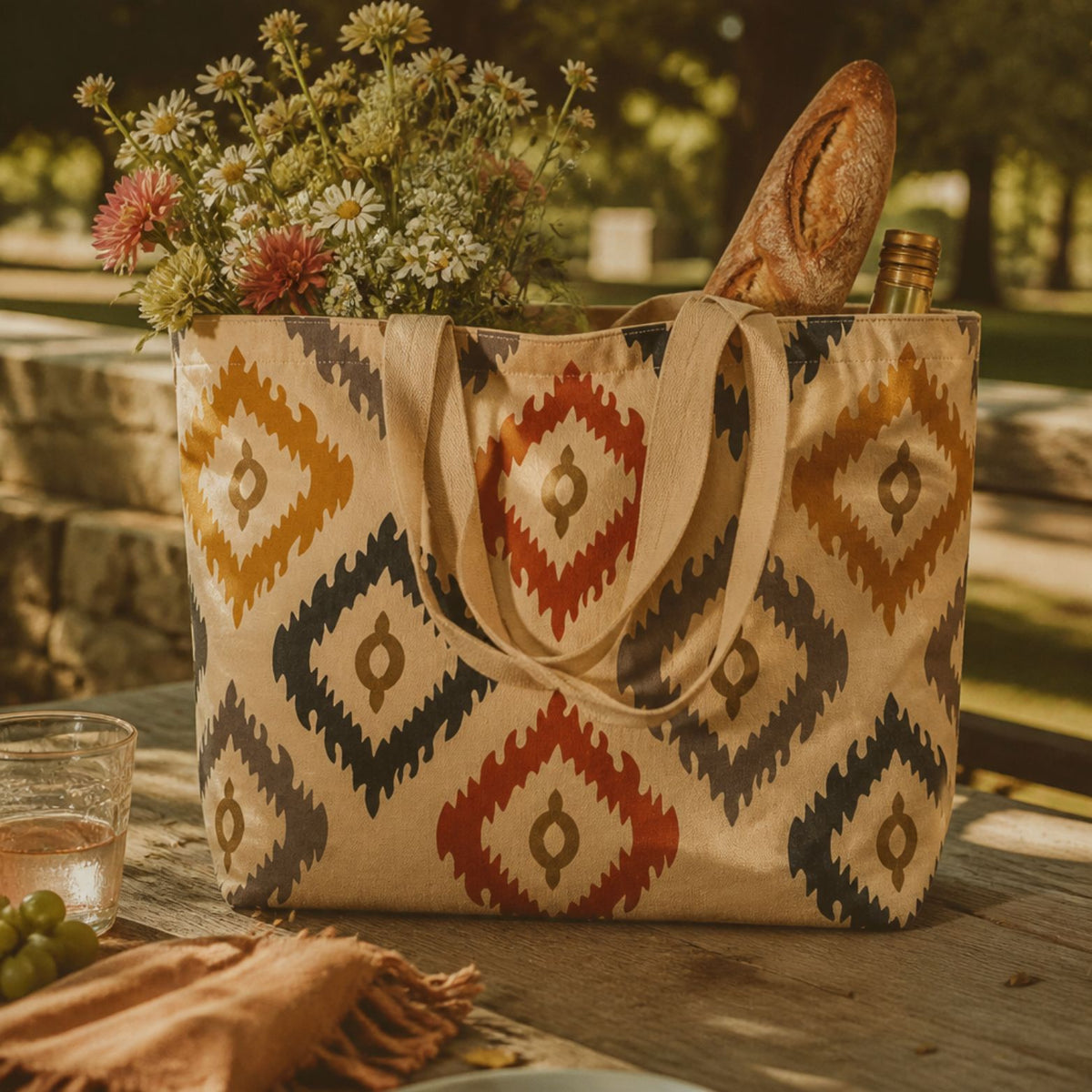 Bali tote bag on a stone table filled with flowers and a baguette
