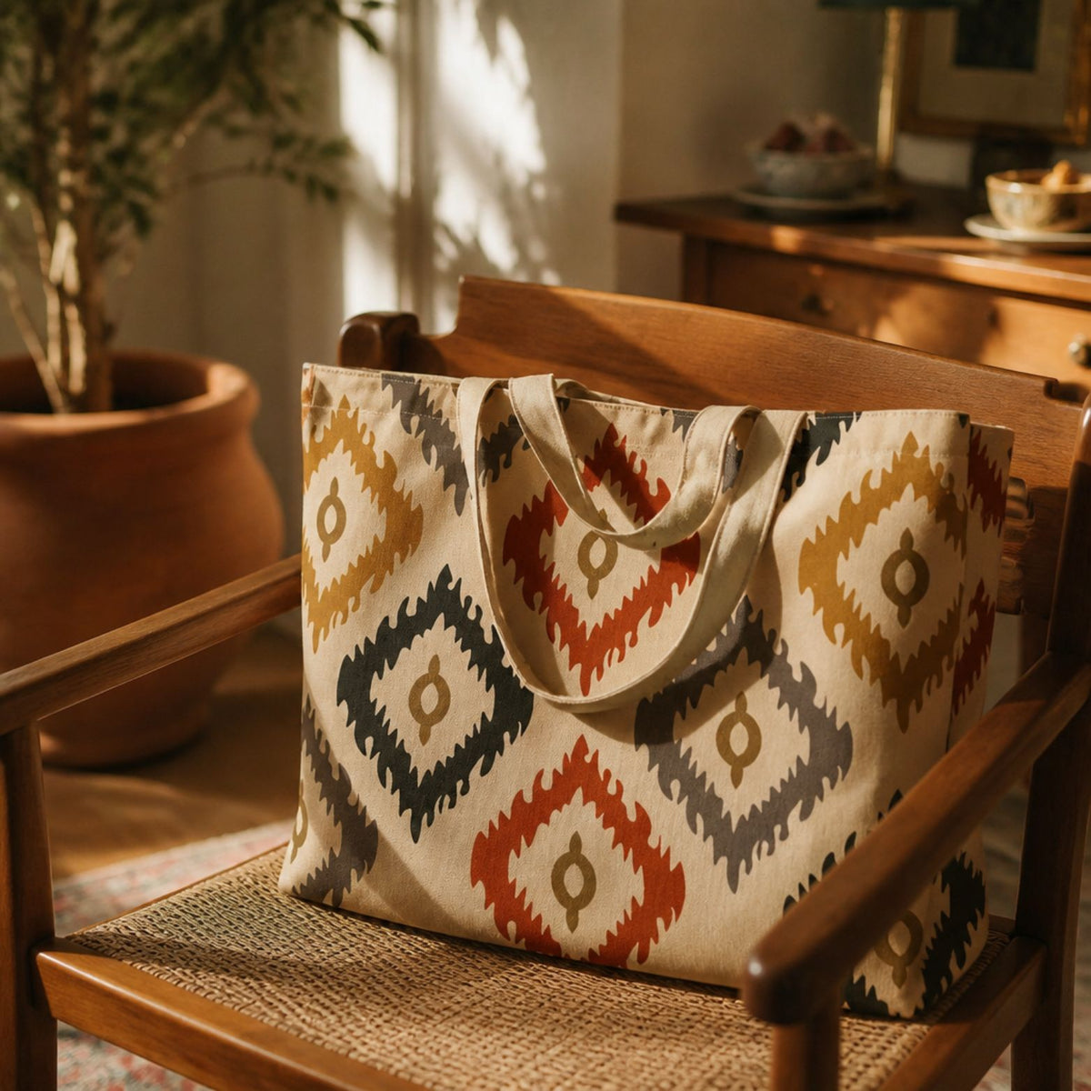 Bali tote bag on a wooden chair in a sunlit room
