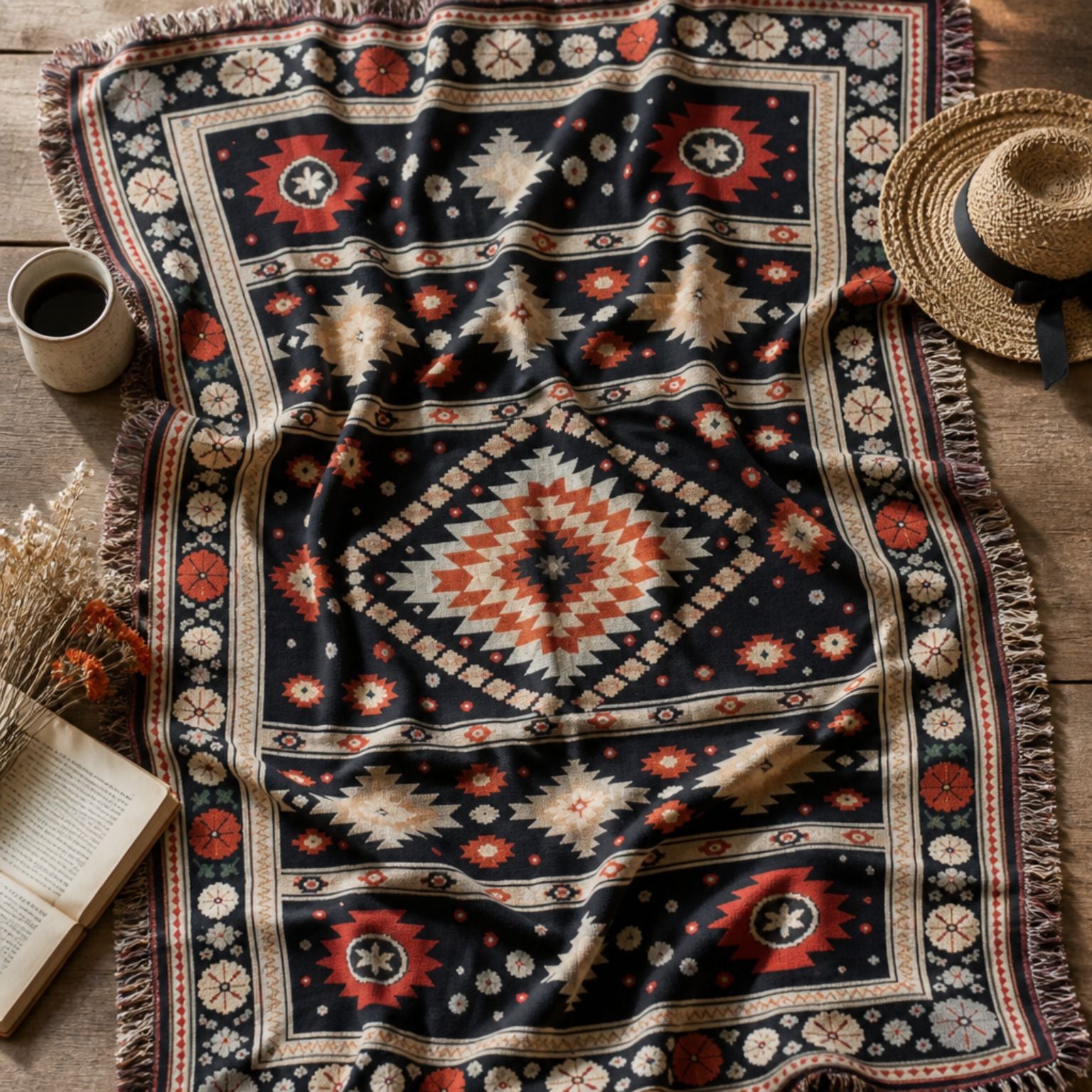 Zara jacquard woven throw rug — navy kilim rug styled lifestyle shot | Solara Covers