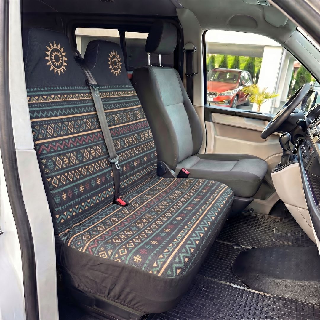 Solara Lima Aztec double front seat cover - navy &amp; orange lifestyle shot