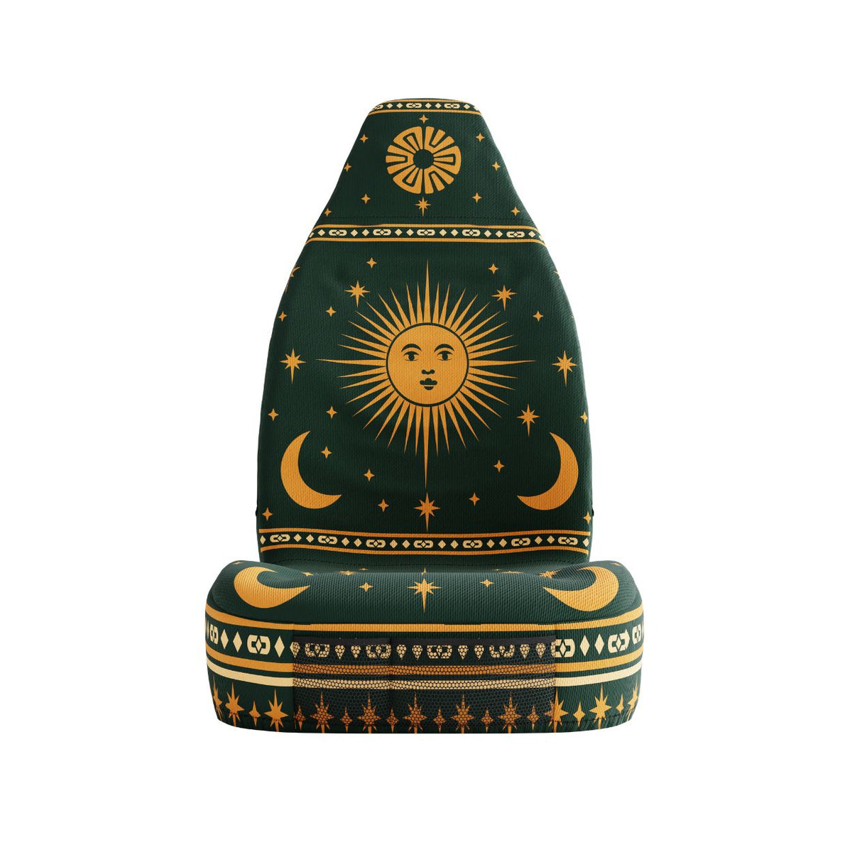 Solara Astra universal seat cover — celestial sun and moon pattern detail