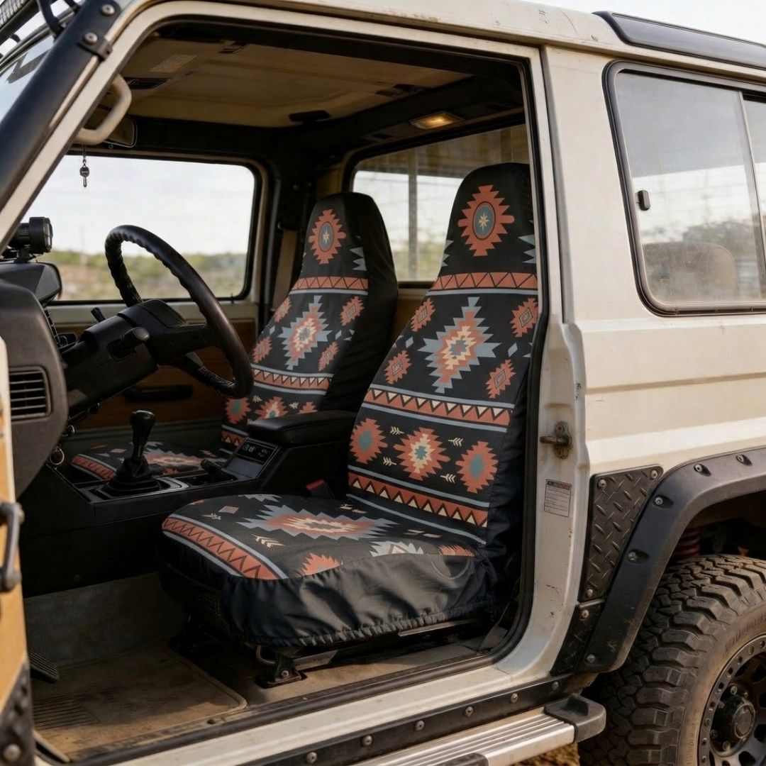 Solara Zara Aztec universal seat cover - black &amp; orange lifestyle shot