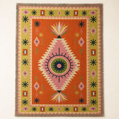 Yucca jacquard woven throw rug — Southwestern boho medallion in terracotta and olive, full view | Solara Covers