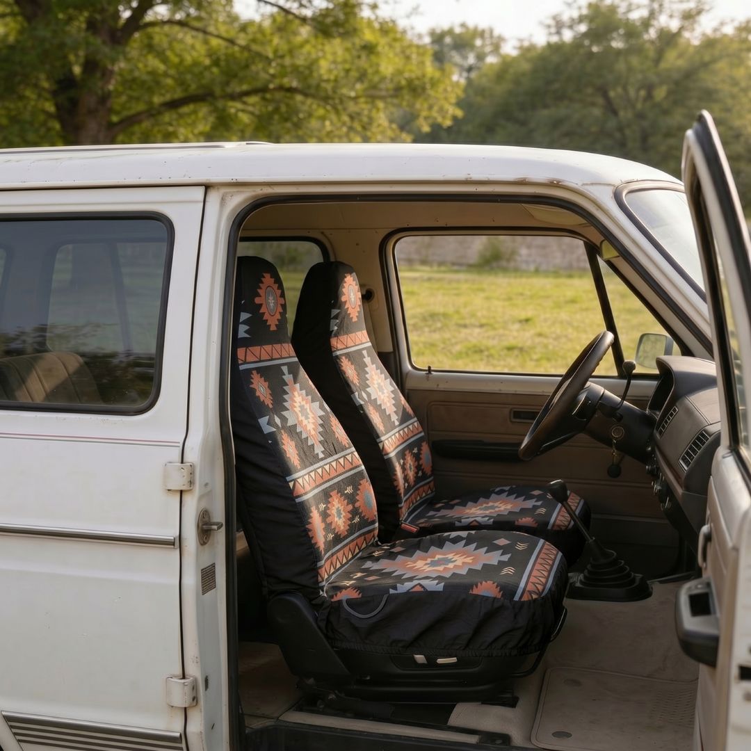 Solara Zara Aztec universal seat cover - black &amp; orange close-up