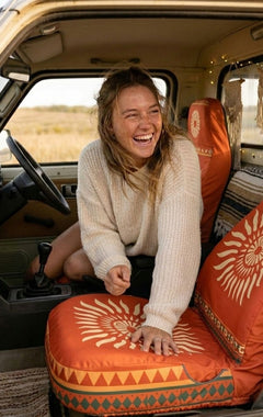 Sol Aztec seat cover close-up — orange Aztec pattern detail | Solara Covers