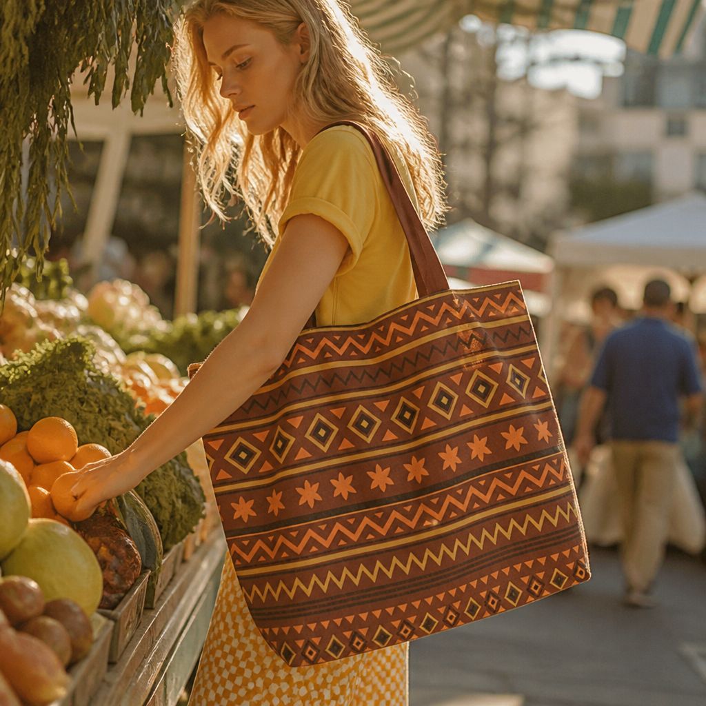 Savana Solara tote bag held by long shoulder straps, warm-stone canvas with burgundy diamonds