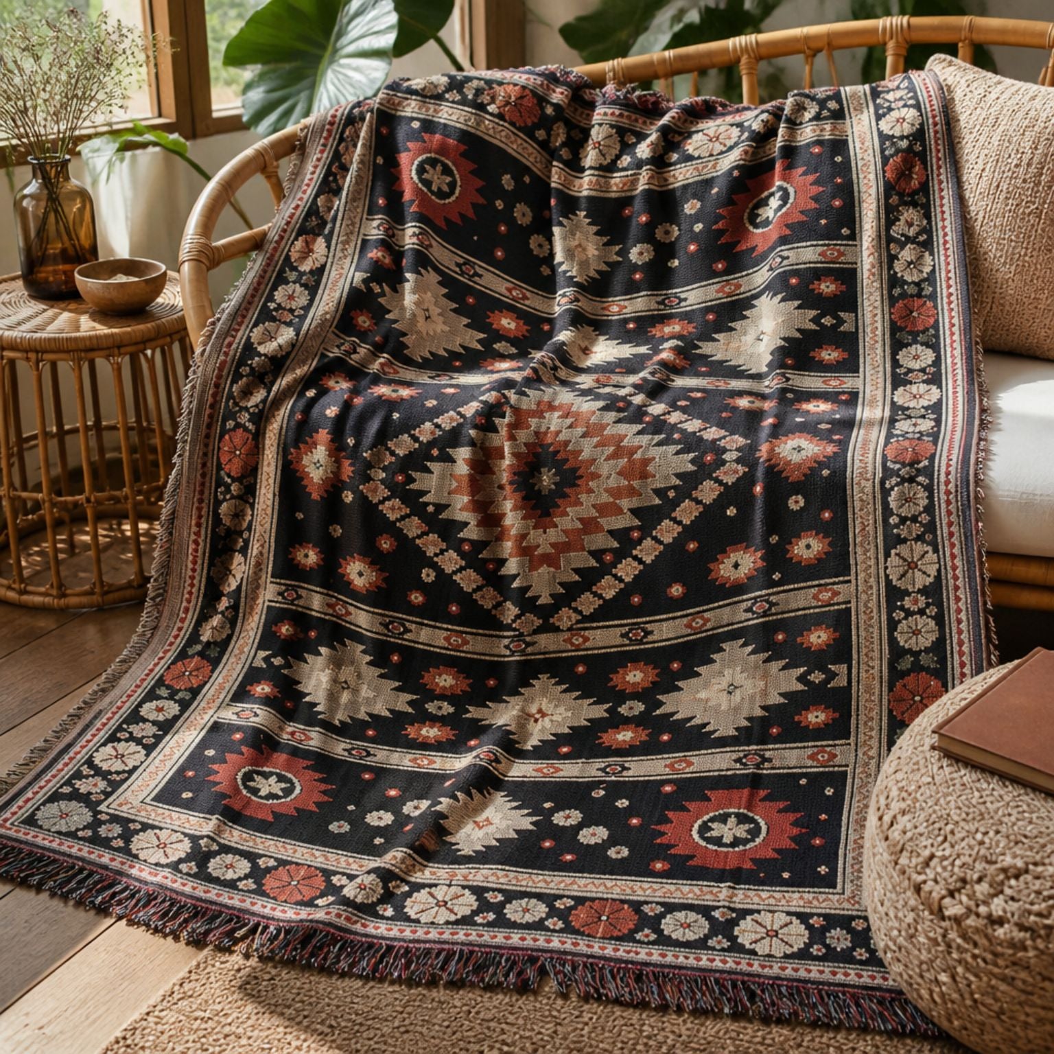 Zara jacquard woven throw rug — navy Berber kilim rug outdoor lifestyle shot | Solara Covers