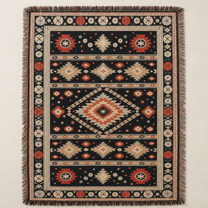 Zara jacquard woven throw rug — navy Berber kilim in indigo, terracotta and cream, full view | Solara Covers
