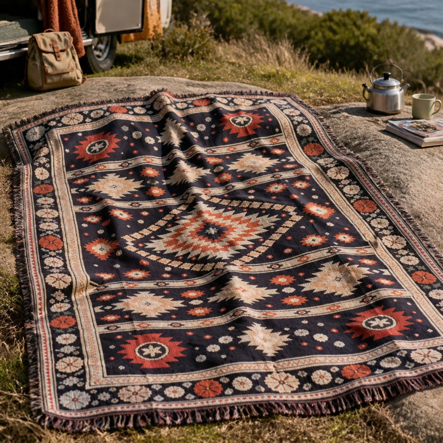 Zara jacquard woven throw rug — navy Berber kilim pattern detail | Solara Covers
