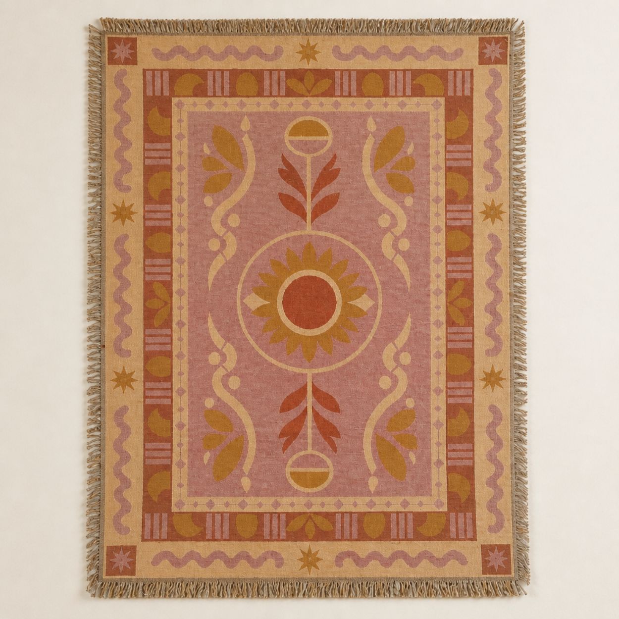 Dahlia jacquard woven throw rug — boho floral with golden bloom on dusty rose, full view | Solara Covers