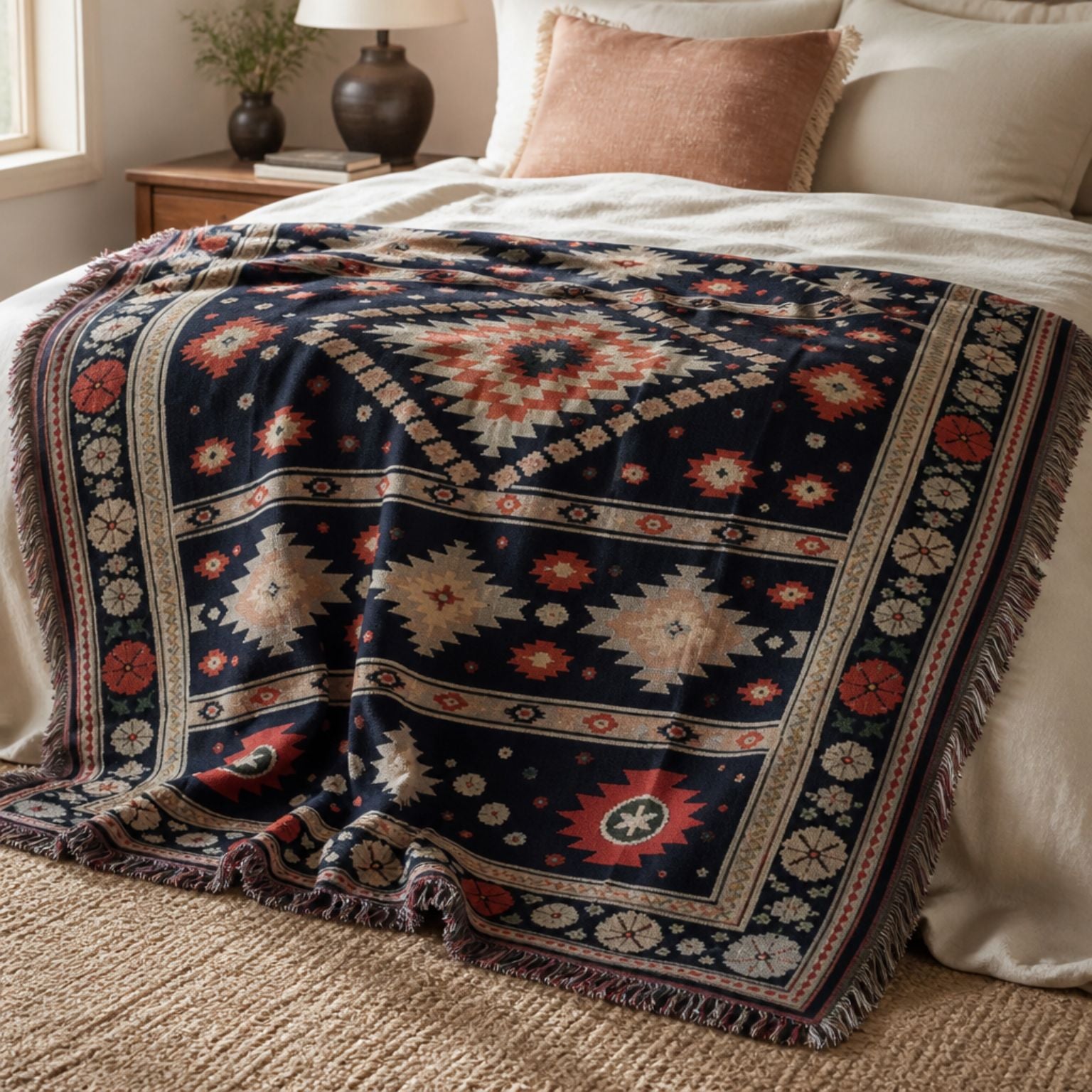 Zara jacquard woven throw rug — indigo kilim print, folded view | Solara Covers