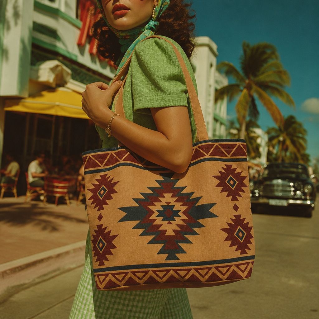 Indigo Solara cotton-canvas tote bag, retro daisy pattern in cream and dusk brown