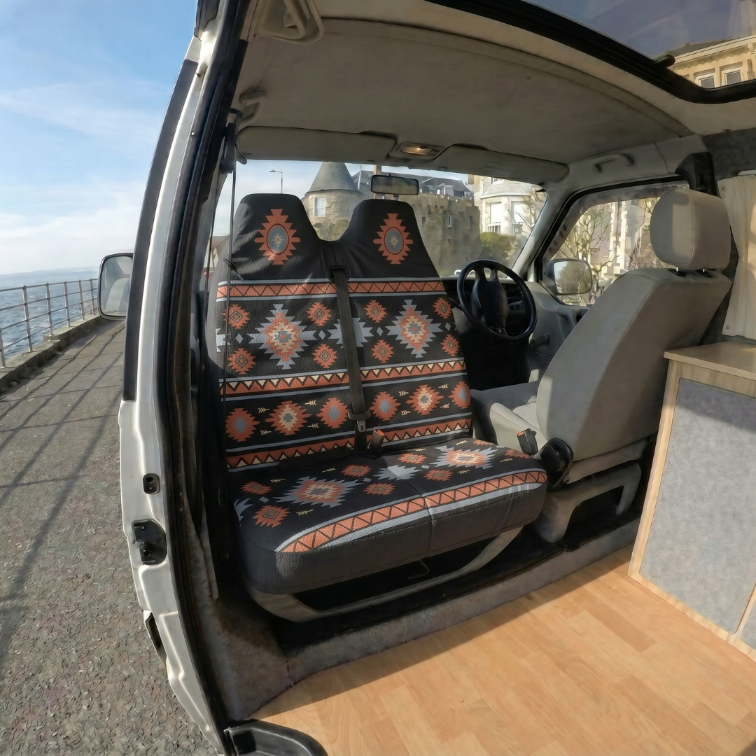 Zara double front seat cover for campervans — black, red and orange bench protection by Solara Covers