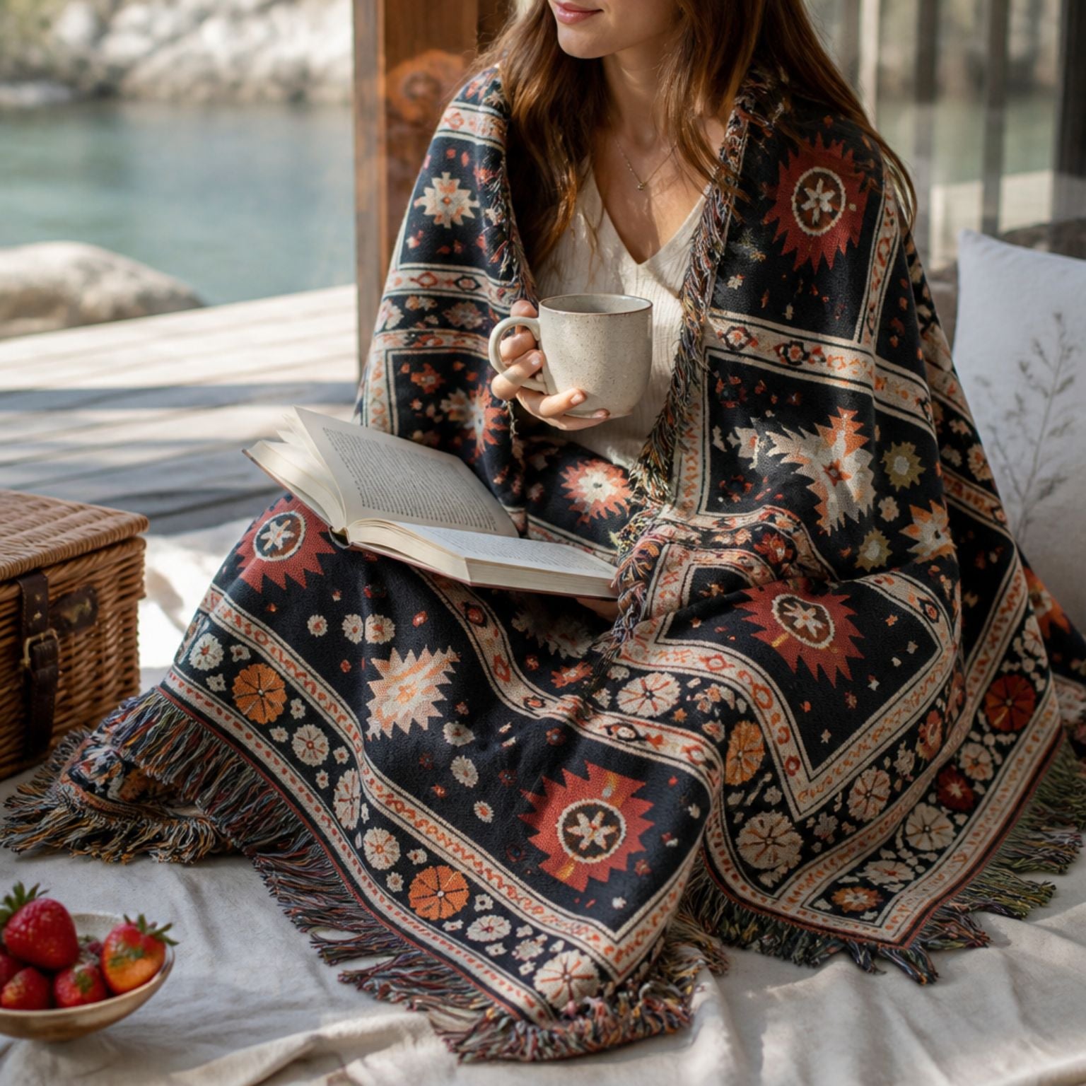 Zara jacquard woven throw rug — navy, terracotta and cream kilim, alternate angle | Solara Covers
