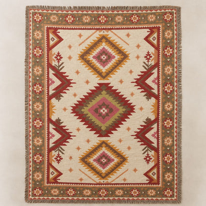 Taos jacquard woven throw rug — Aztec Southwestern diamonds in rose and olive, full view | Solara Covers