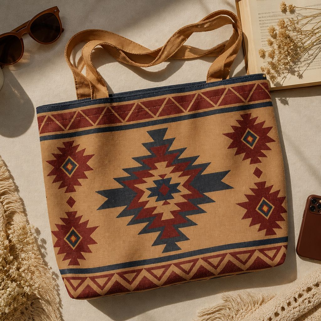 Close-up of Indigo cotton-canvas tote, cream and rust retro daisies