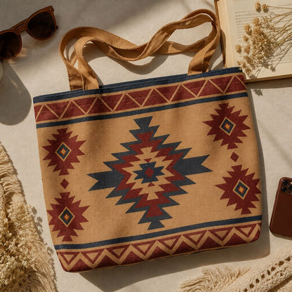 Close-up of Indigo cotton-canvas tote, cream and rust retro daisies