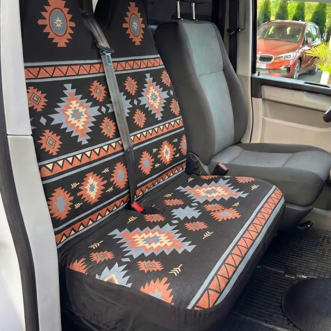 Zara double front seat cover in van interior — black, red and orange Aztec print | Solara Covers