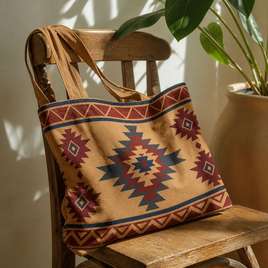 Indigo Solara tote bag held against a sunlit wall, retro daisy print