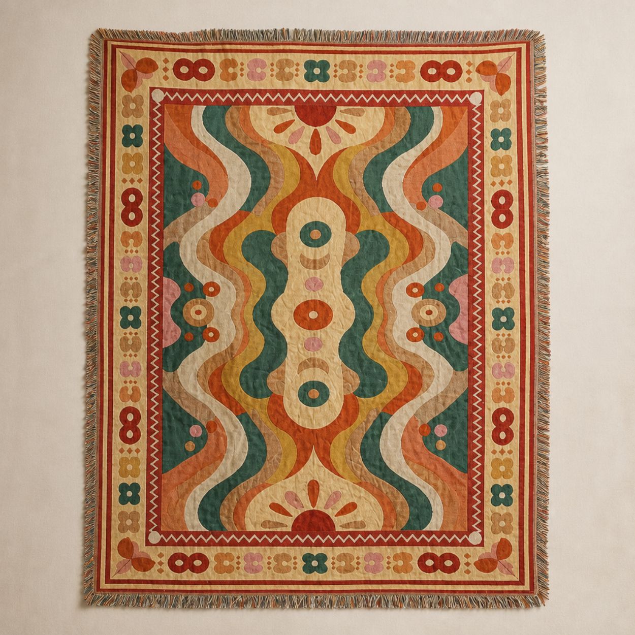 Nirvana jacquard woven throw rug — 70s retro waves in olive, rust and cream, full view | Solara Covers