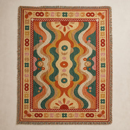 Nirvana jacquard woven throw rug — 70s retro waves in olive, rust and cream, full view | Solara Covers