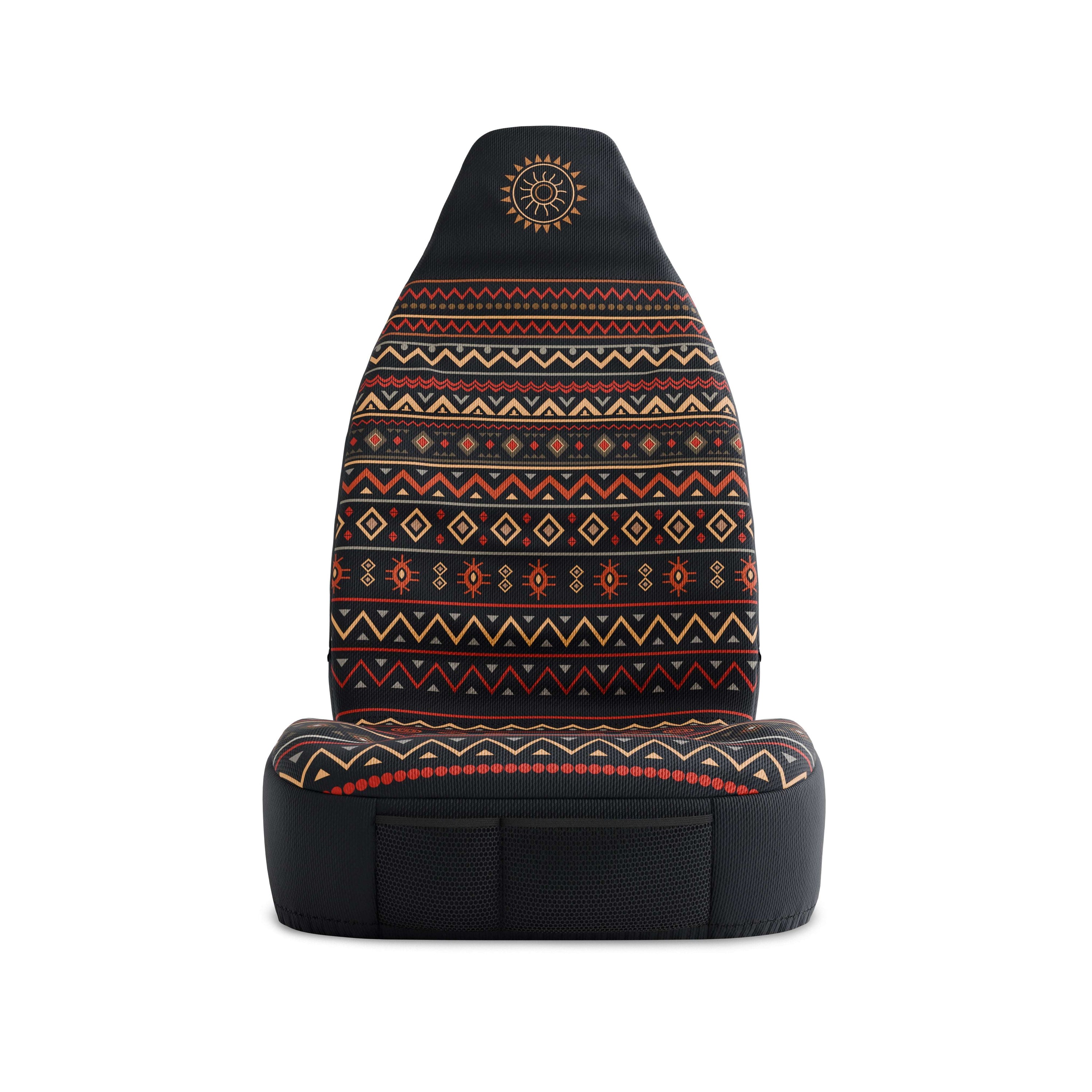 Solara Luna Aztec universal seat cover - black multicolor pattern detail