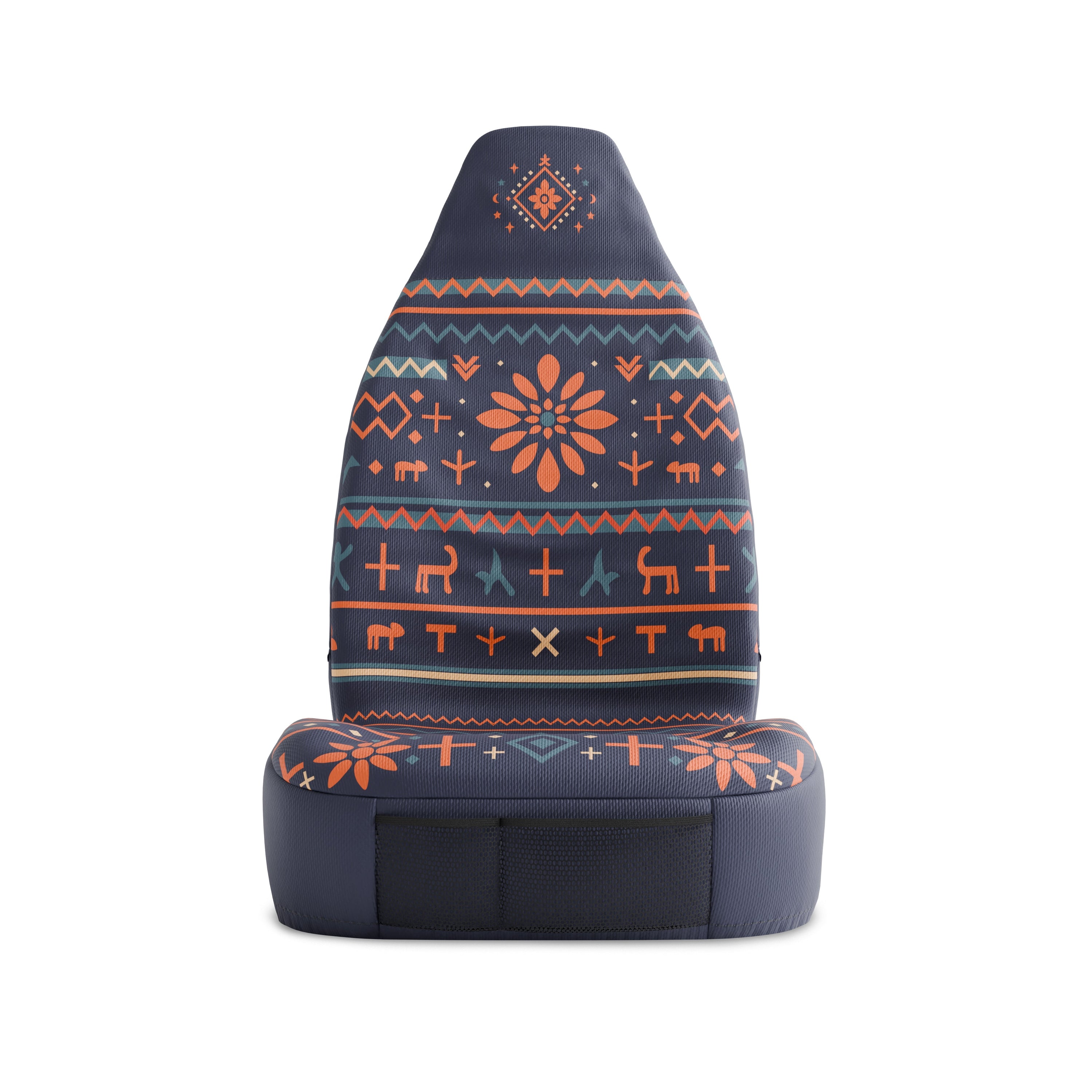 Solara Mana Folk Print universal seat cover - navy with deer motifs pattern detail