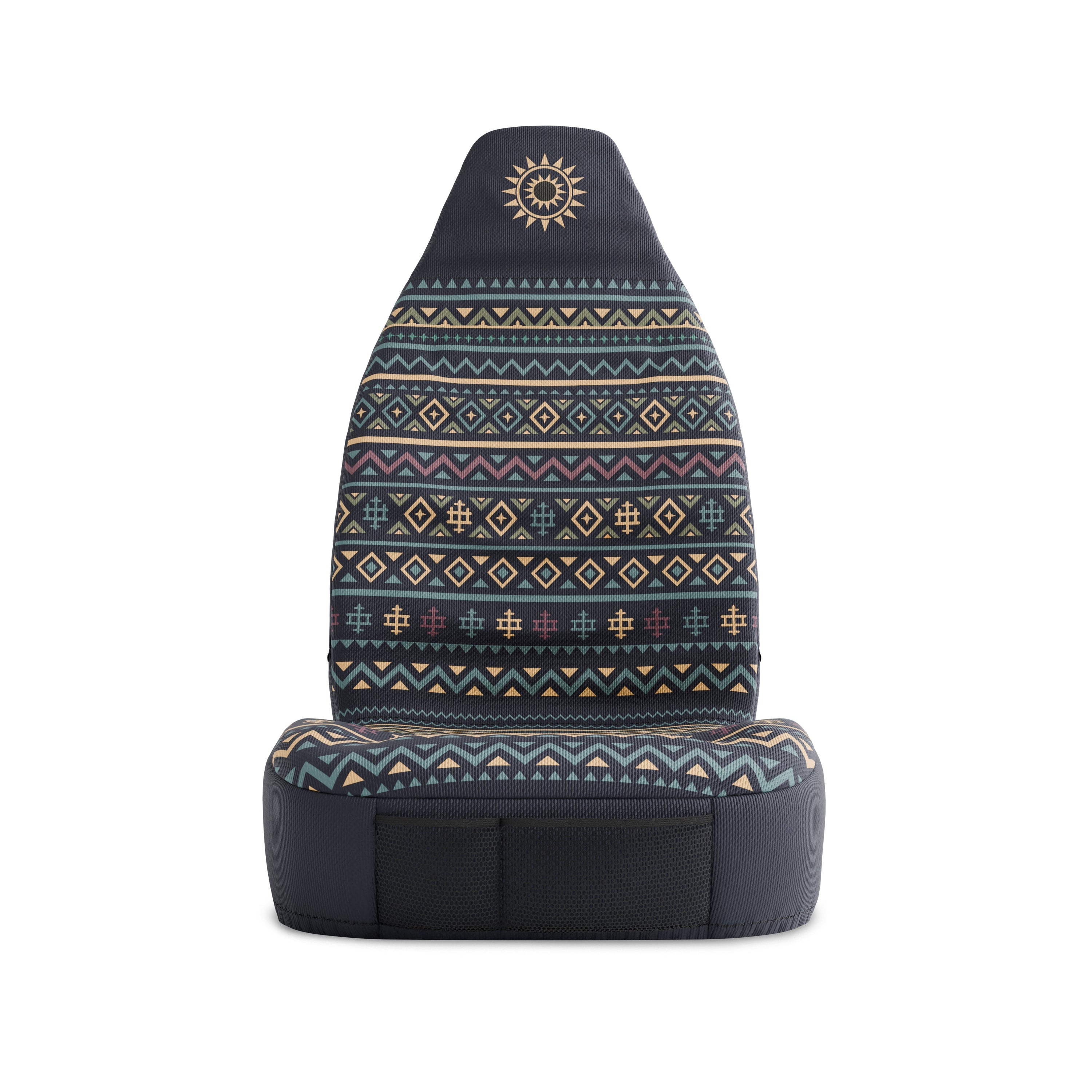 Solara Lima Aztec universal seat cover - navy &amp; orange pattern detail