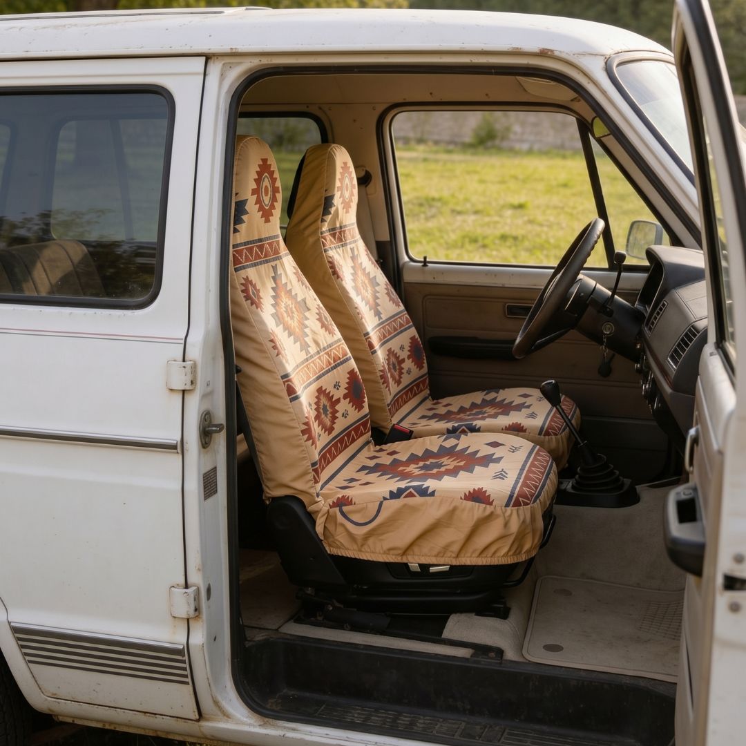Solara Indigo Aztec seat cover - waterproof van life cover