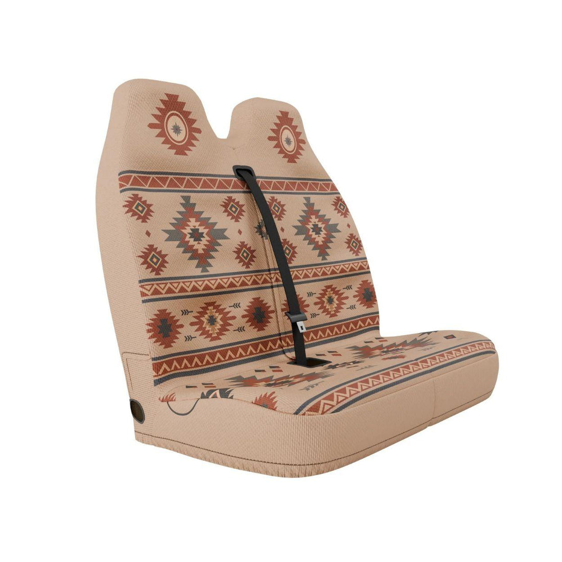 Indigo double front seat cover installed on van bench — cream and blue Aztec print | Solara Covers