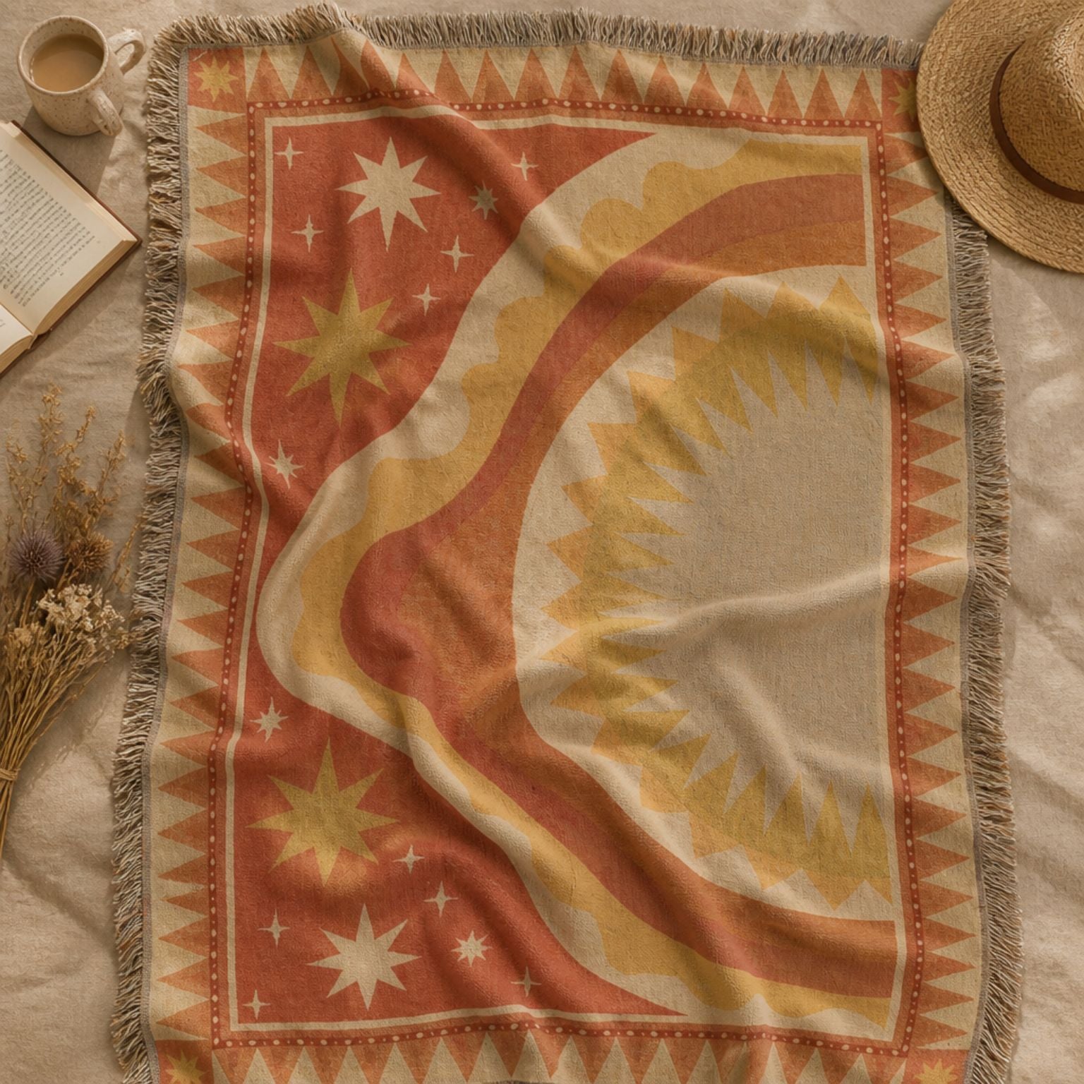 Horizon jacquard woven throw rug — celestial boho rug styled lifestyle shot | Solara Covers