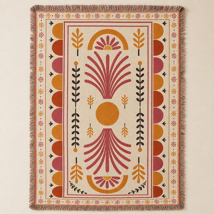 Palmyra jacquard woven throw rug — Art Deco palm motif in terracotta, full view | Solara Covers