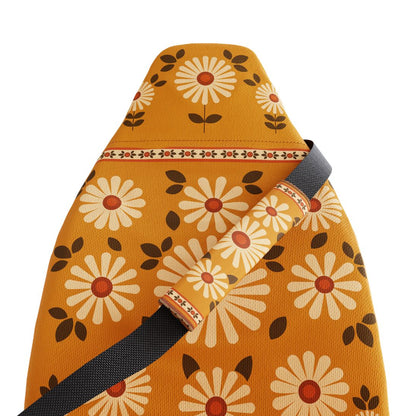 Daisy padded seat belt covers (pair) — warm mustard with cream retro daisies, front view | Solara