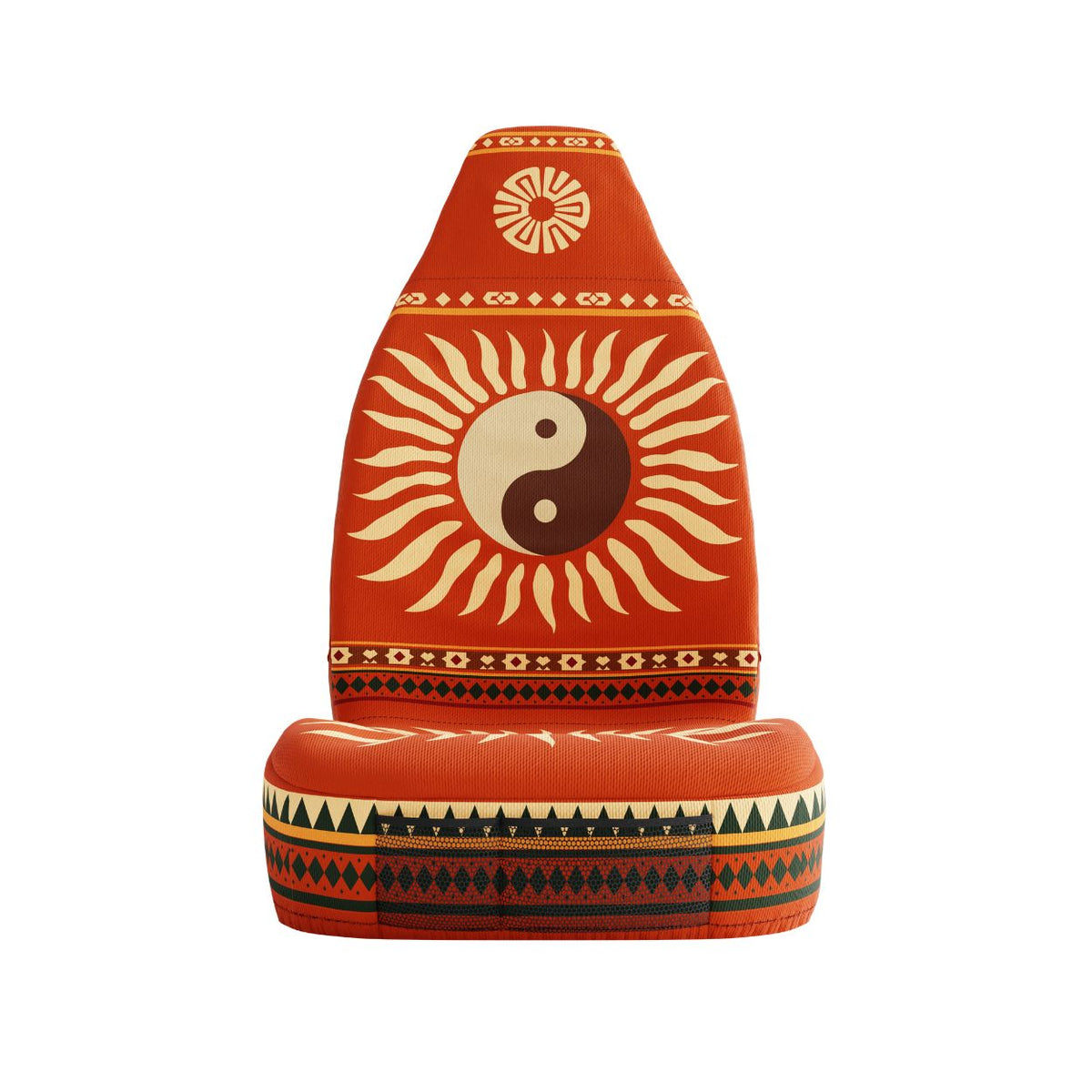 Solara Tao universal seat cover — yin-yang sunburst pattern detail