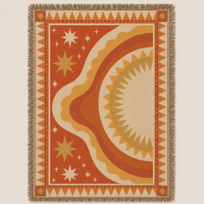 Horizon jacquard woven throw rug — celestial sun and stars in warm desert browns, full view | Solara Covers