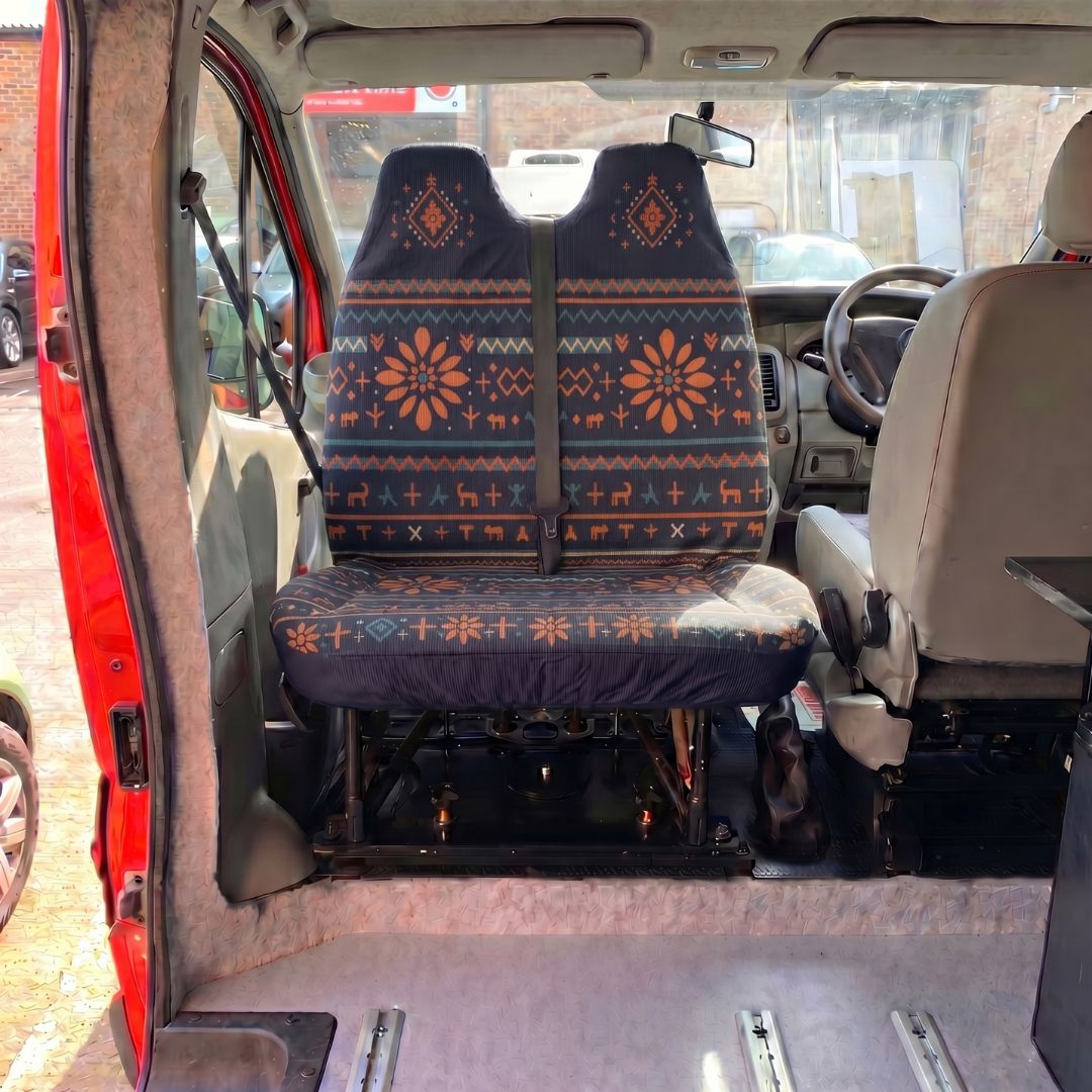 Solara Mana Folk Print double front seat cover - navy with deer motifs back view