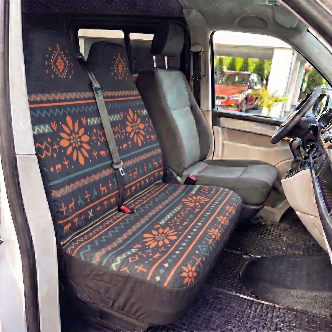 Solara Mana Folk Print double front seat cover - navy with deer motifs design detail