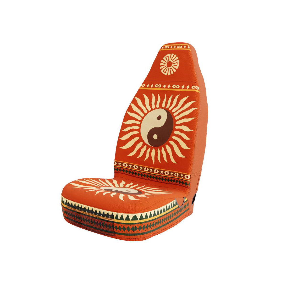 Solara Tao universal seat cover — burnt orange sunburst print, side view