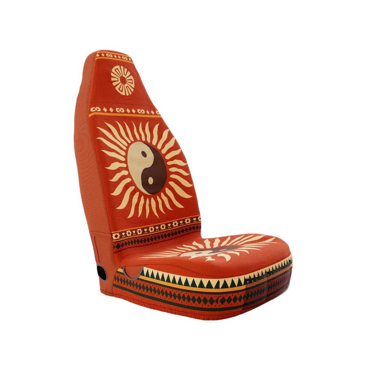 Solara Tao universal seat cover — burnt orange with cream yin-yang sunburst, front view