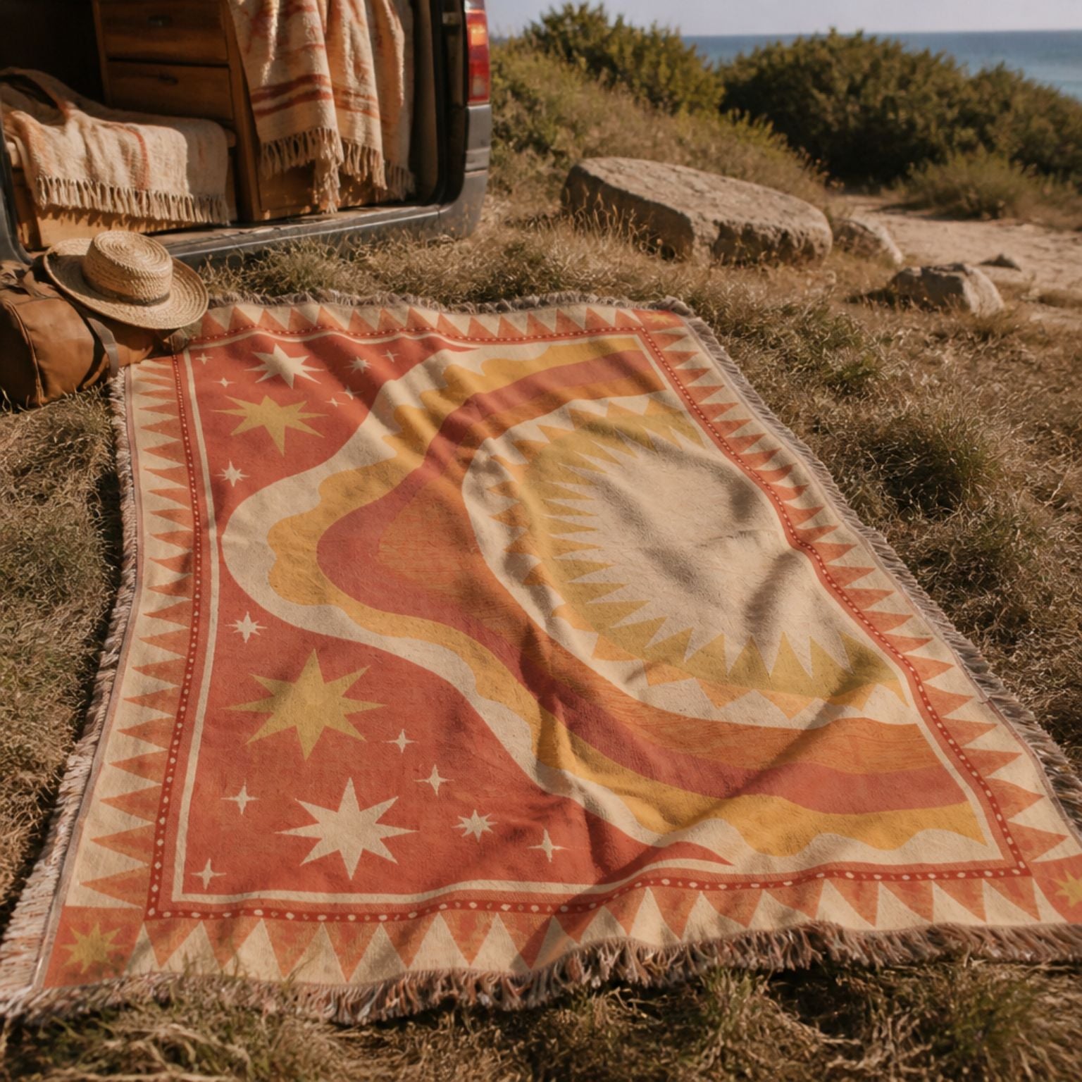 Horizon jacquard woven throw rug — celestial sun pattern detail | Solara Covers