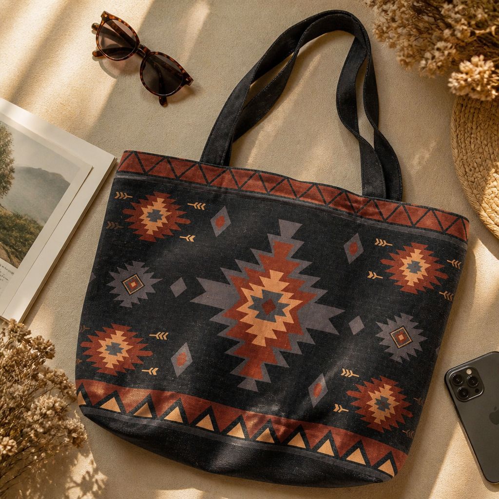 Zara cotton-canvas tote bag side view, bold black with terracotta Aztec print