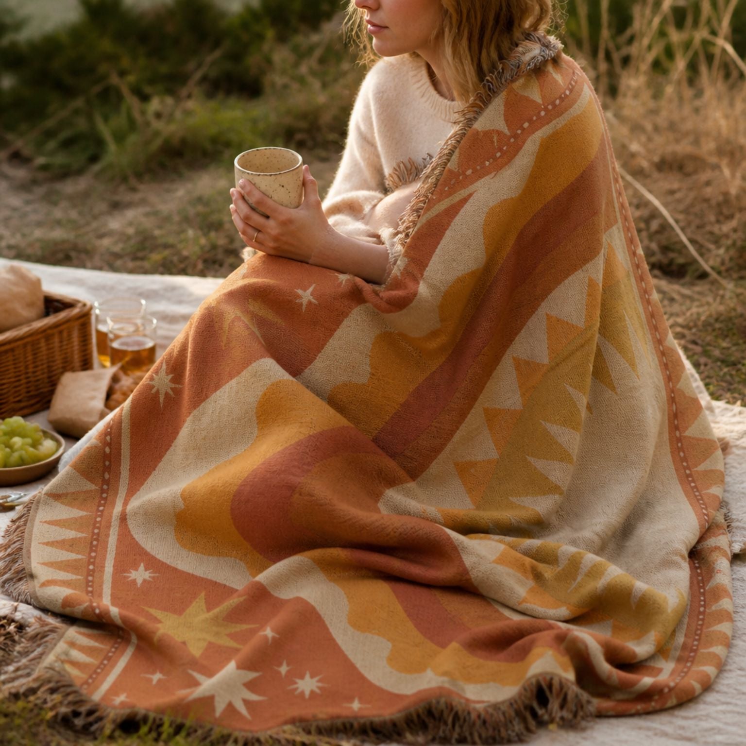Horizon jacquard woven throw rug — celestial sun and stars, alternate angle | Solara Covers