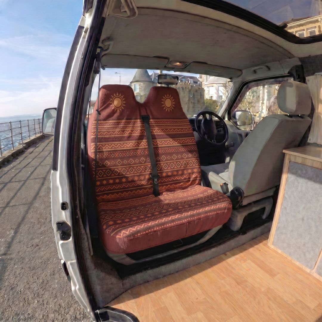 Solara Savana Aztec double front seat cover - brown &amp; rust back view